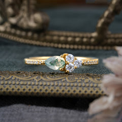 Pear Shaped Moss Agate Promise Wedding Band Ring with Three Round Stone