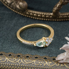 Pear Shaped Moss Agate Promise Wedding Band Ring with Three Round Stone