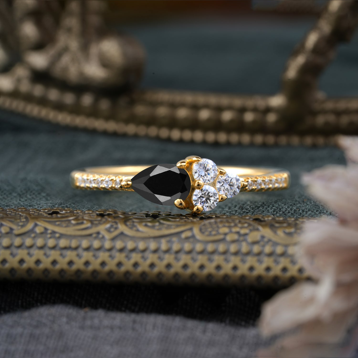 3 Prong Pear Shaped Black Onyx Three Round Stone Engagement Ring