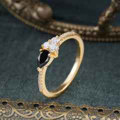 3 Prong Pear Shaped Black Onyx Promise Wedding Band Ring with Three Round Stone
