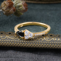 3 Prong Pear Shaped Black Onyx Promise Wedding Band Ring with Three Round Stone