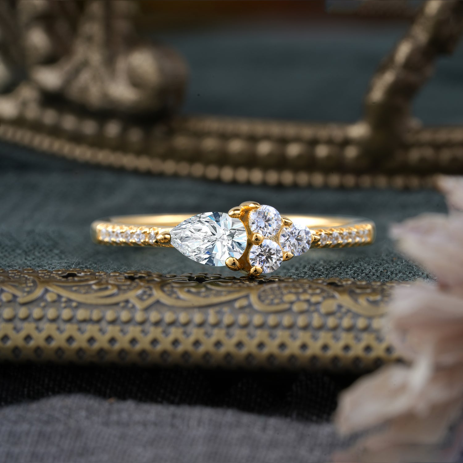 3 Prong Pear Shaped Lab Diamond Three Round Stone Engagement Ring