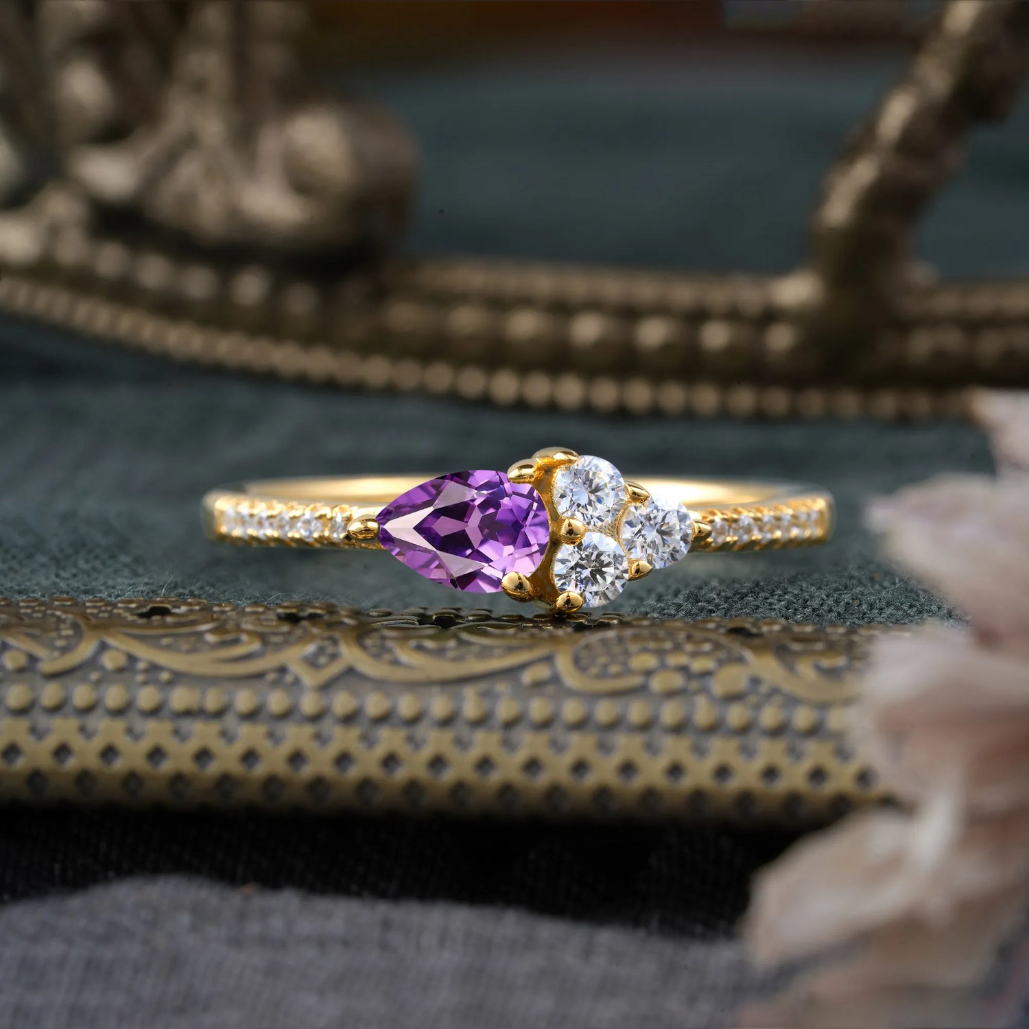 3 Prong Pear Shaped Amethyst Three Round Stone Engagement Ring