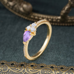 3 Prong Pear Shaped Amethyst Promise Wedding Band Ring with Three Round Stone