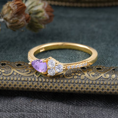 3 Prong Pear Shaped Amethyst Promise Wedding Band Ring with Three Round Stone