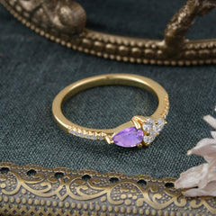 3 Prong Pear Shaped Amethyst Promise Wedding Band Ring with Three Round Stone