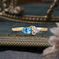 3 Prong Pear Shaped Aquamarine Promise Wedding Band Ring with Three Round Stone