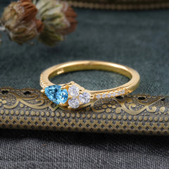 3 Prong Pear Shaped Aquamarine Promise Wedding Band Ring with Three Round Stone