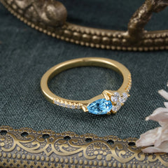 3 Prong Pear Shaped Aquamarine Promise Wedding Band Ring with Three Round Stone