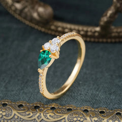 3 Prong Pear Shaped Emerald Promise Wedding Band Ring with Three Round Stone