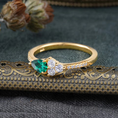 3 Prong Pear Shaped Emerald Promise Wedding Band Ring with Three Round Stone