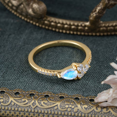 3 Prong Pear Shaped Moonstone Promise Wedding Band Ring with Three Round Stone