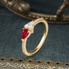 Pear Shaped Ruby Promise Wedding Band Ring with Three Round Stone