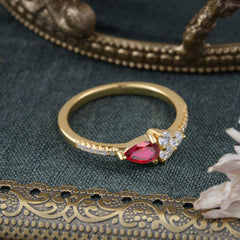 Pear Shaped Ruby Promise Wedding Band Ring with Three Round Stone