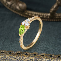 3 Prong Pear Shaped Peridot Promise Wedding Band Ring with Three Round Stone