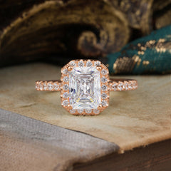 2 Carat Emerald Cut Moissanite Engagement Ring Pave Halo Bridal Ring