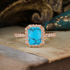2 Carat Emerald Cut Turquoise 4 Prong Engagement Ring Pave Halo Bridal Ring