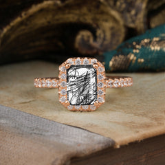 2 Carat Emerald Cut Black Rutilated Quartz 4 Prong Engagement Ring Pave Halo Bridal Ring