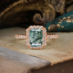 2 Carat Emerald Cut Moss Agate Engagement Ring Pave Halo Bridal Ring