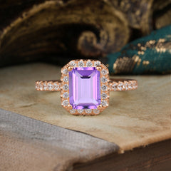 2 Carat Emerald Cut Amethyst 4 Prong Engagement Ring Pave Halo Bridal Ring