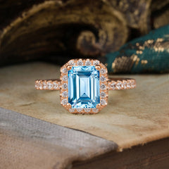 2 Carat Emerald Cut Aquamarine 4 Prong Engagement Ring Pave Halo Bridal Ring