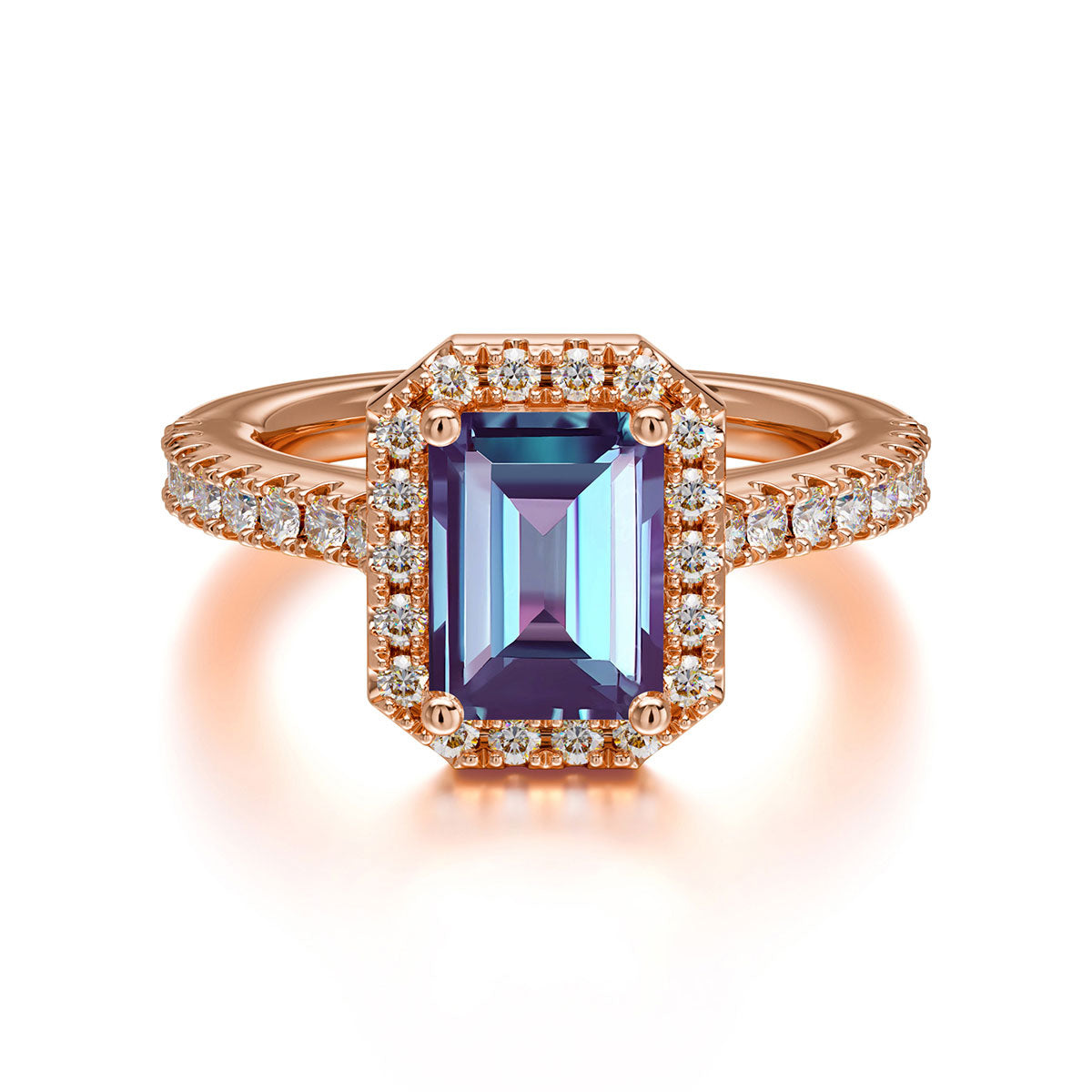 2 Carat Emerald Cut Alexandrite Engagement Ring Pave Halo Bridal Ring