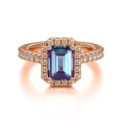 2 Carat Emerald Cut Alexandrite Engagement Ring Pave Halo Bridal Ring