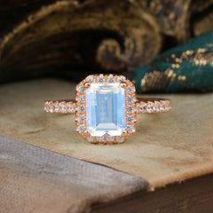 2 Carat Emerald Cut Moonstone 4 Prong Engagement Ring Pave Halo Bridal Ring
