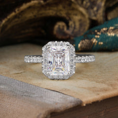 2 Carat Emerald Cut Moissanite Engagement Ring Pave Halo Bridal Ring