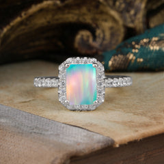 2 Carat Emerald Cut Opal 4 Prong Engagement Ring Pave Halo Bridal Ring