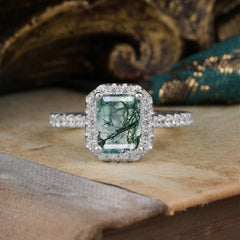 2 Carat Emerald Cut Moss Agate Engagement Ring Pave Halo Bridal Ring