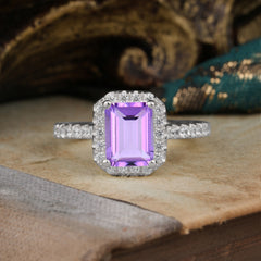 2 Carat Emerald Cut Amethyst 4 Prong Engagement Ring Pave Halo Bridal Ring