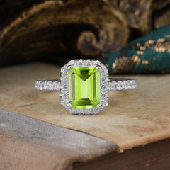 2 Carat Emerald Cut Peridot 4 Prong Engagement Ring Pave Halo Bridal Ring