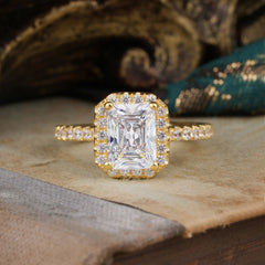 2 Carat Emerald Cut Moissanite Engagement Ring Pave Halo Bridal Ring