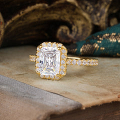 2 Carat Emerald Cut Moissanite Engagement Ring Pave Halo Bridal Ring