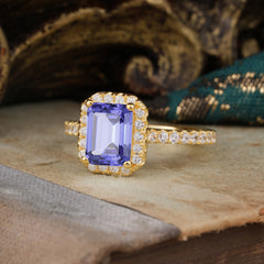 2 Carat Emerald Cut Sapphire 4 Prong Engagement Ring Pave Halo Bridal Ring