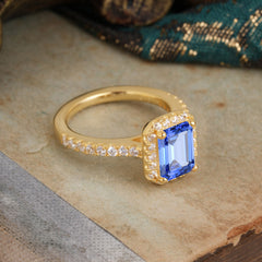 2 Carat Emerald Cut Sapphire 4 Prong Engagement Ring Pave Halo Bridal Ring