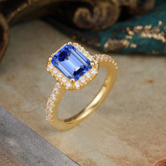 2 Carat Emerald Cut Sapphire 4 Prong Engagement Ring Pave Halo Bridal Ring
