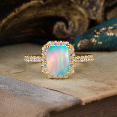 2 Carat Emerald Cut Opal 4 Prong Engagement Ring Pave Halo Bridal Ring