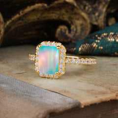 2 Carat Emerald Cut Opal 4 Prong Engagement Ring Pave Halo Bridal Ring
