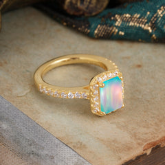 2 Carat Emerald Cut Opal 4 Prong Engagement Ring Pave Halo Bridal Ring