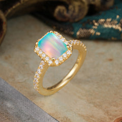 2 Carat Emerald Cut Opal 4 Prong Engagement Ring Pave Halo Bridal Ring