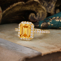 2 Carat Emerald Cut Citrine Engagement Ring Pave Halo Bridal Ring