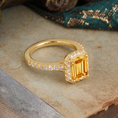 2 Carat Emerald Cut Citrine Engagement Ring Pave Halo Bridal Ring