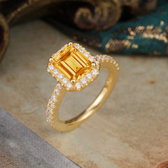 2 Carat Emerald Cut Citrine Engagement Ring Pave Halo Bridal Ring