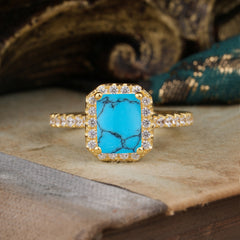 2 Carat Emerald Cut Turquoise 4 Prong Engagement Ring Pave Halo Bridal Ring