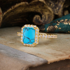 2 Carat Emerald Cut Turquoise 4 Prong Engagement Ring Pave Halo Bridal Ring