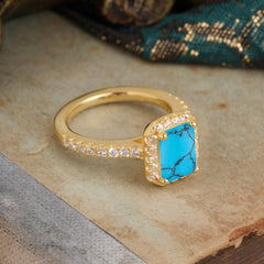 2 Carat Emerald Cut Turquoise 4 Prong Engagement Ring Pave Halo Bridal Ring