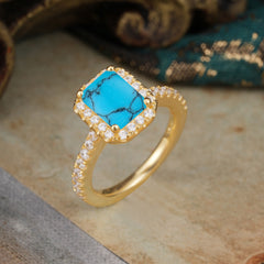 2 Carat Emerald Cut Turquoise 4 Prong Engagement Ring Pave Halo Bridal Ring