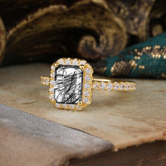2 Carat Emerald Cut Black Rutilated Quartz 4 Prong Engagement Ring Pave Halo Bridal Ring